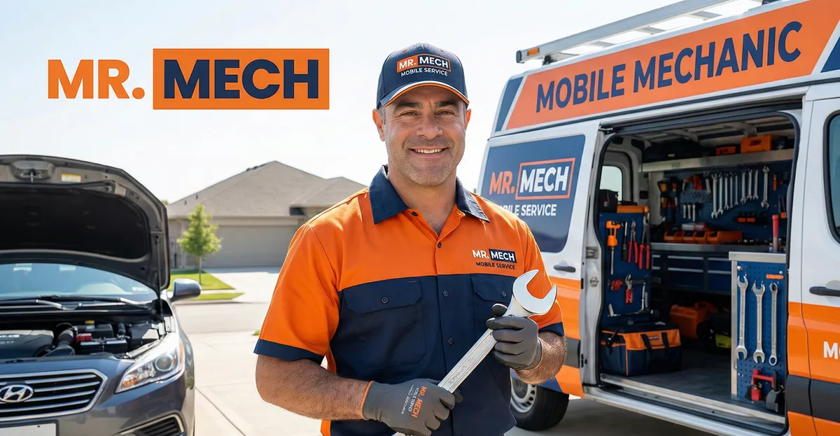 David, founder and lead technician at MR.Mech, holding a wrench next to his mobile service van