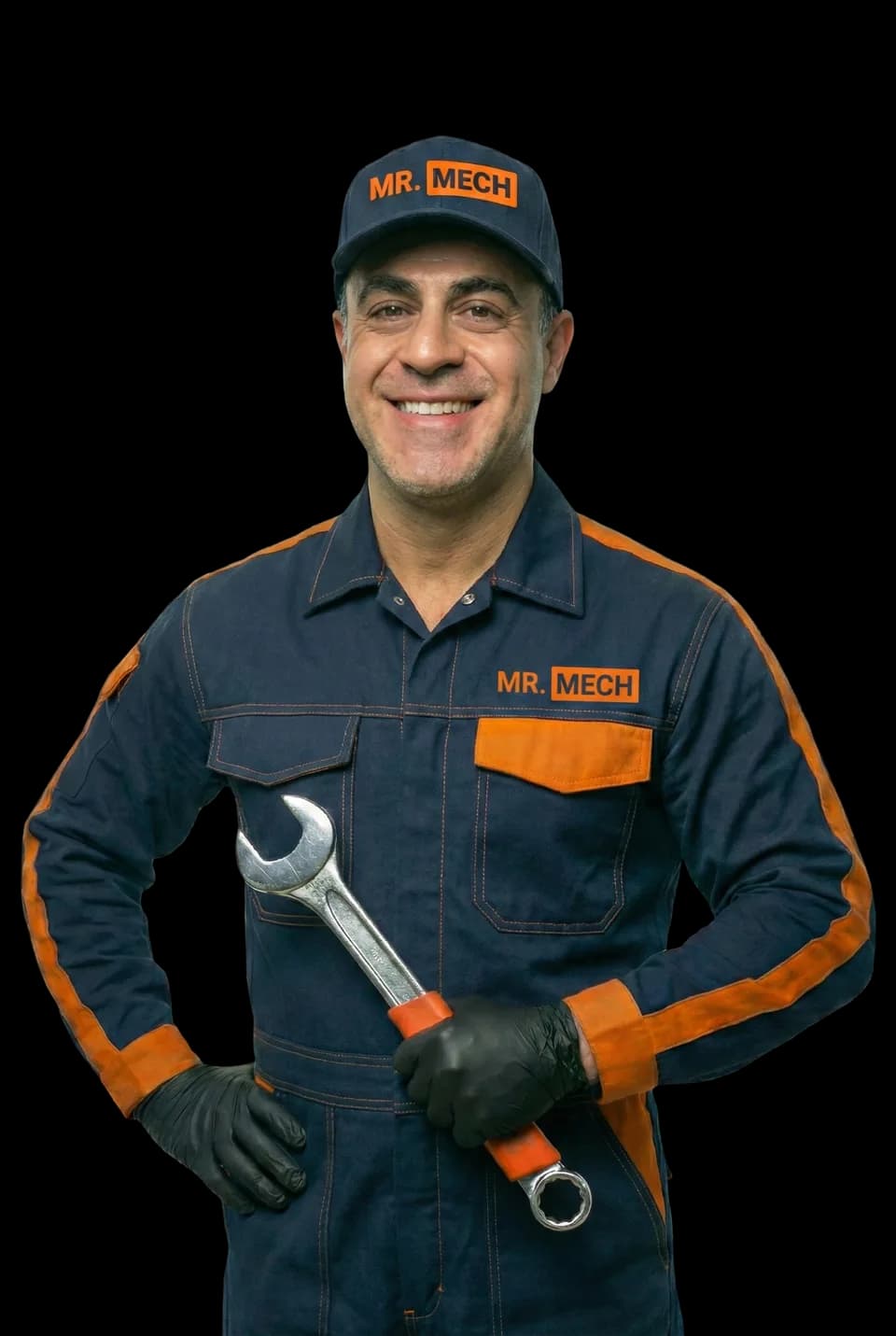 MR.Mech mobile mechanic holding a wrench next to his service van